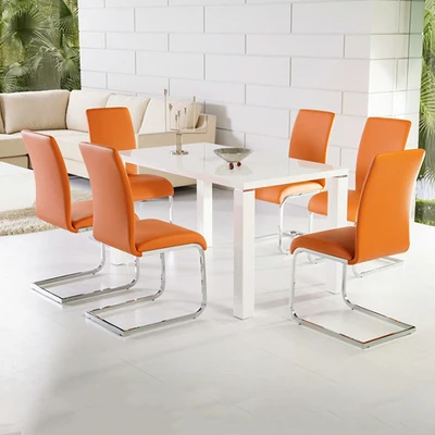 High Back Fabric Furniture Dining Chair Beige White Brown Grey Gold Black Stainless Steel Metal PU Leather Dining Chair