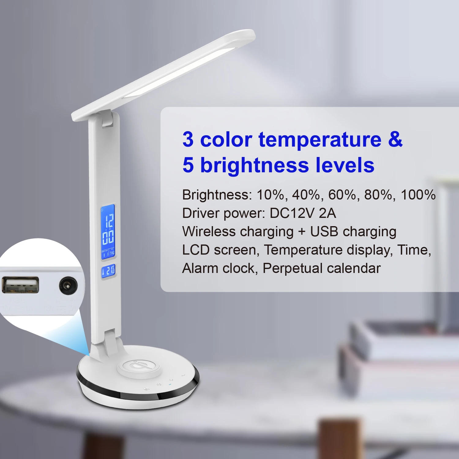 Standard Modern Wireless Charging 5 Modes Study Light USB Reading Bedside Desk Lamp Bedroom Plastic LED Table Lamp