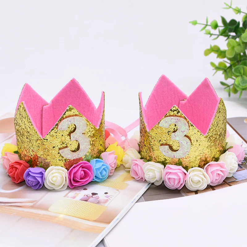 1PC Baby Girl Happy Birthday Party Hats Kids One Year Flower Princess Crown Headband Baby Shower 1st Birthday Decor Party Supply