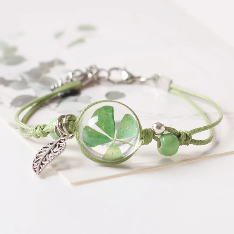 Handmade Rope Knot Braided with Ceramics Beads Natural Dried Flower Glass Ball Charms Bracelets