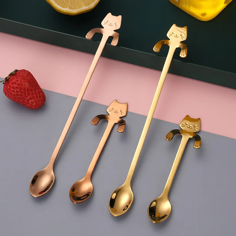 Creativity tableware 304 stainless steel metal lovely cat long handle spoon for drinks