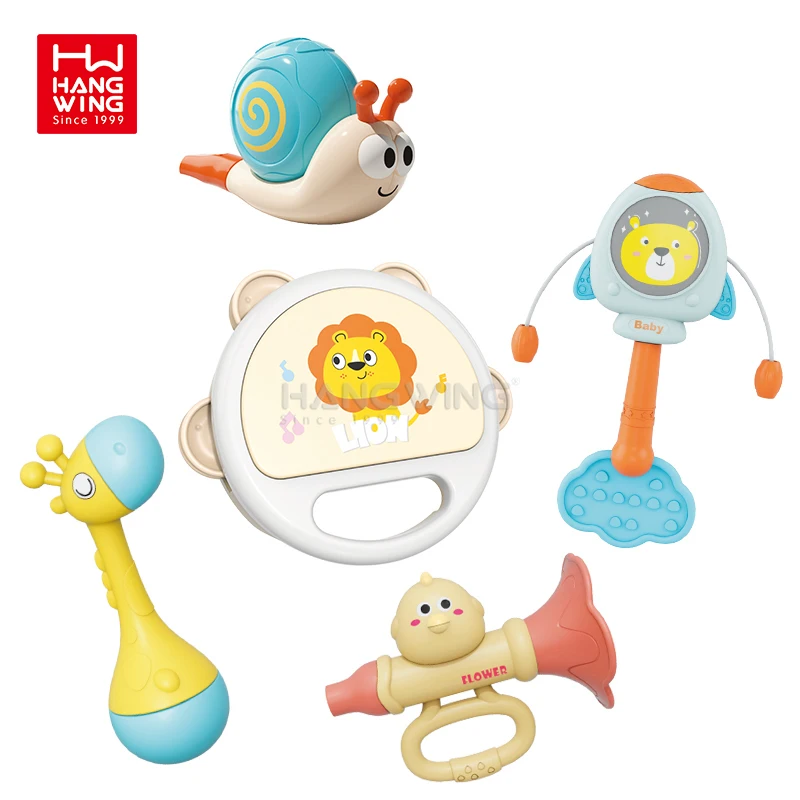 HW 5-piece Musical Instrument Toy Set Early Education Baby Sensory Puzzle Game Cute Cartoon Music Rattle & Trumpet & Tambourine