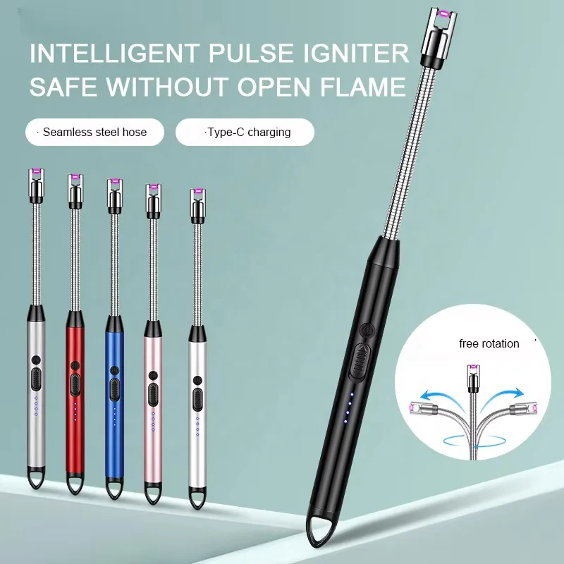 Hot Rechargeable slim Electric Lighter Long Flexible Neck USB-C Electronic Lighter with LED for Camping Cooking BBQs
