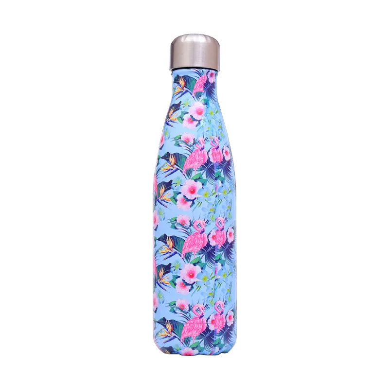 500ml blue flamingo design cola water Amazon top selling vacuum insulate reusable water bottle with tropical design
