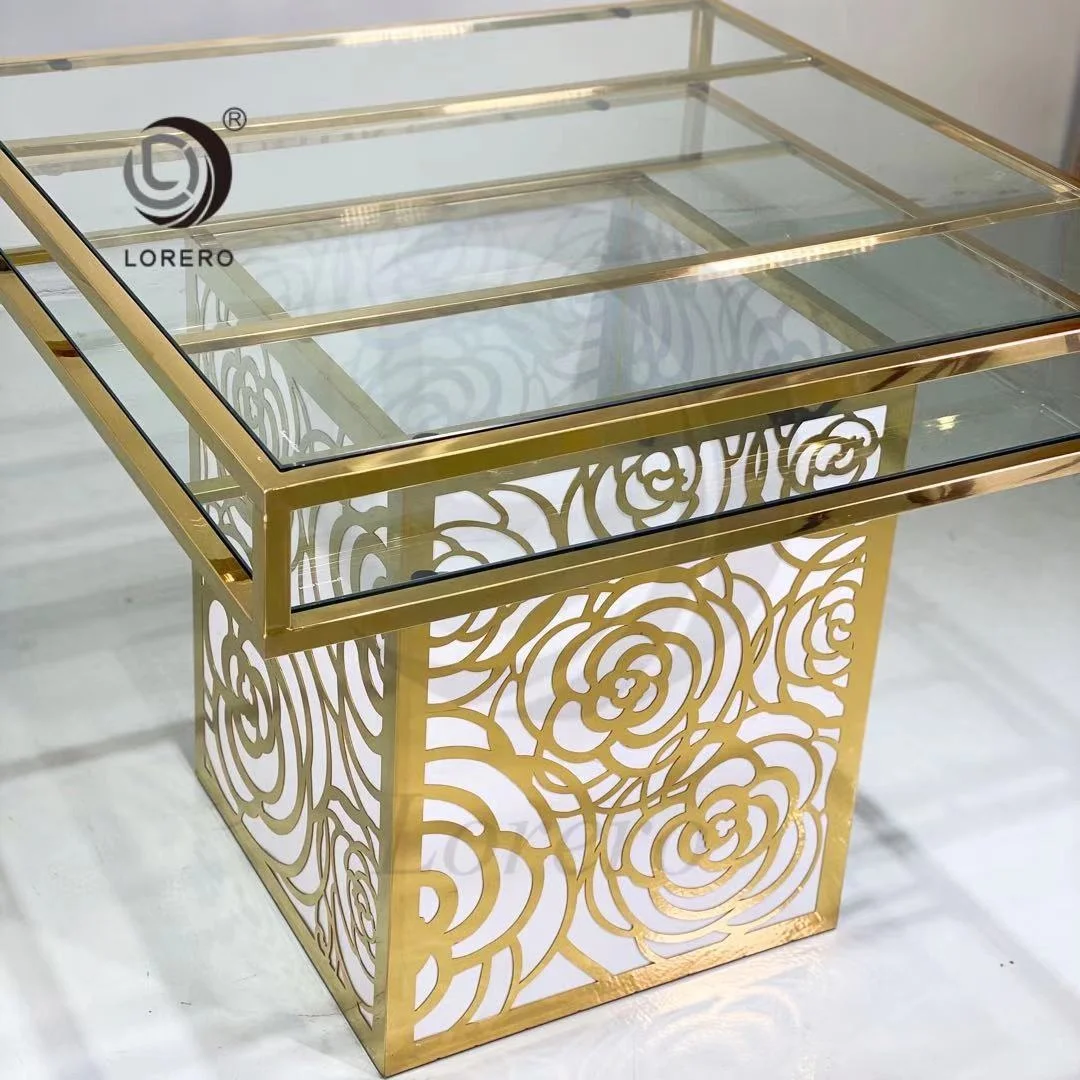 luxury  gold Stainless Steel top frame dining  table  for  wedding banquet