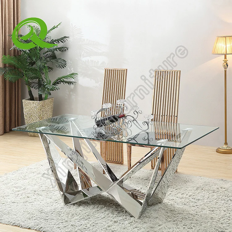 
rectangle modern style mirrored mesa de comedor tempered glass stainless steel leg table base rectangle dining table 