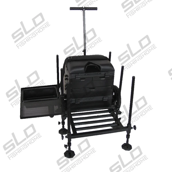 with footplate and side tray for match pole fishing carp & ground fishing seat stool box