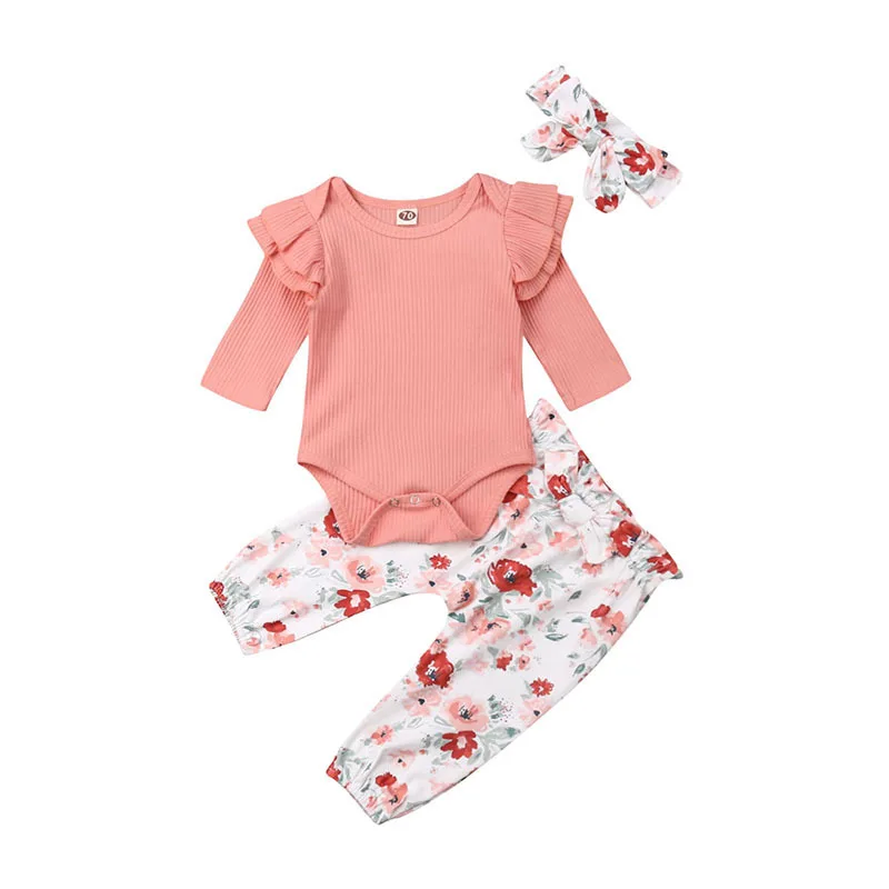 
Little Girls Clothing Sets Kids Floral Ruffles ribbed shirt+sunflow pants +Headband 3Pcs set Long sleeves Baby girl Outfit 