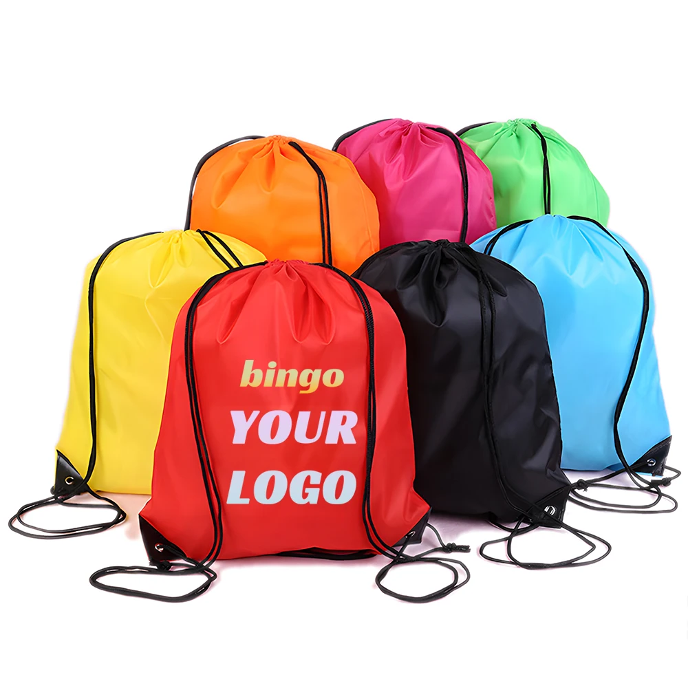 Small Sports Drawstring Backpacks Promo Items Gifts 210D Nylon RPET Material Sport Gym Sack Waterproof Traveling Storage Bags