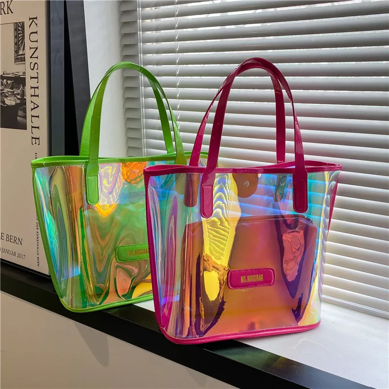 2Pcs in 1 Set Elegant Custom Ladies Shoulder Tote Bag Transparent Beach Holographic PVC Women Jelly Handbag With Small Purse
