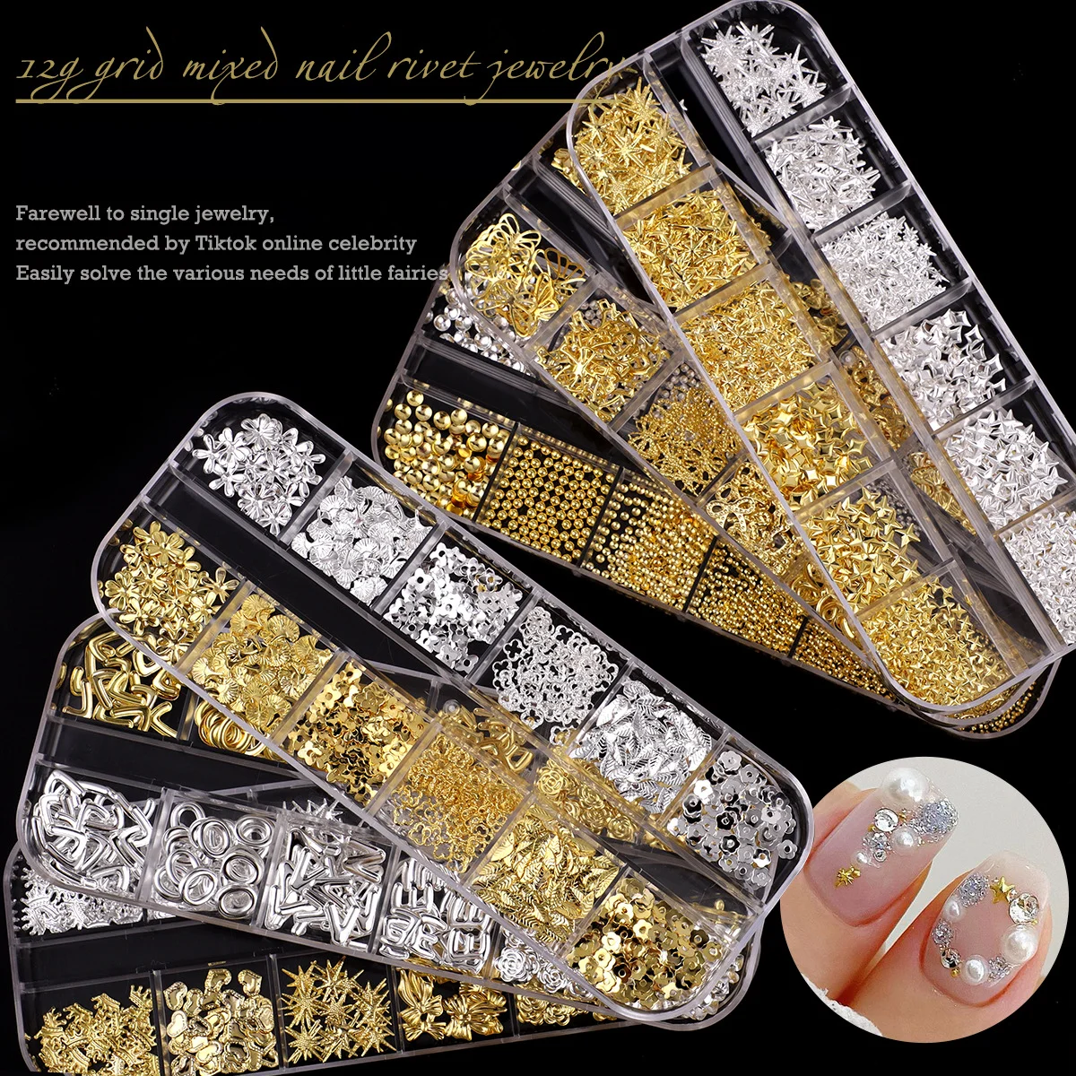 New arrival 12 grid nail Art decoration box with mixed metal gold and silver rivets for nail decoration sticker