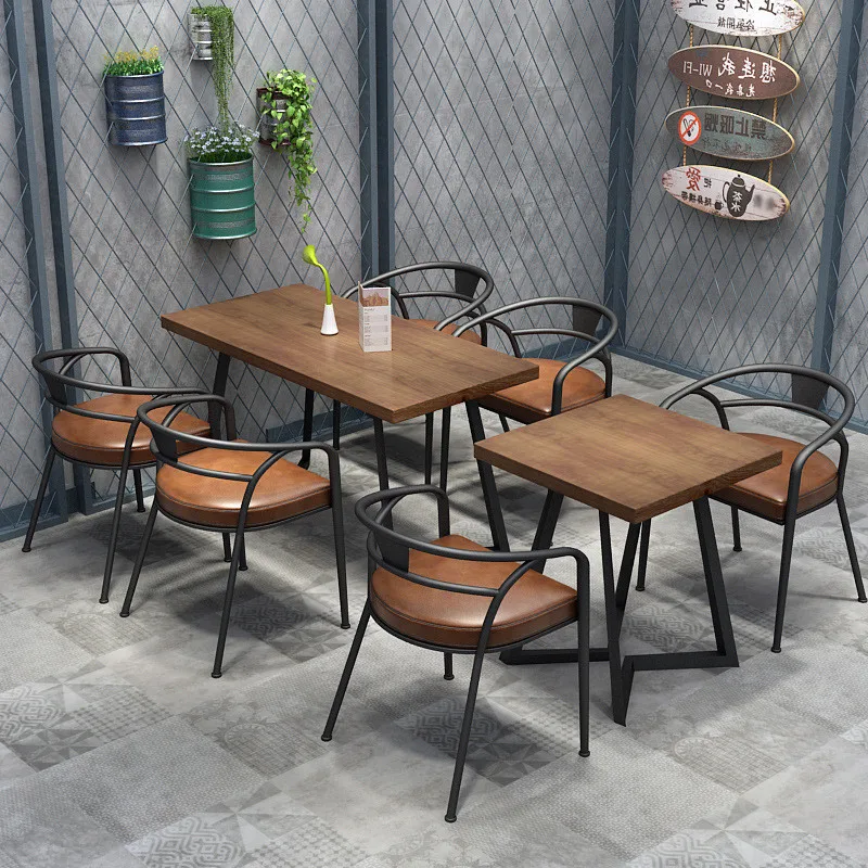 Solid wood dining table American bar restaurant milk tea shop chair wrought iron restaurant table and chair combination