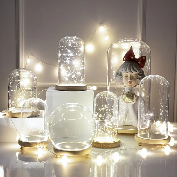 Flower Display Cloche Bell Jar Terrarium Everlasting Glass Bottle with Wooden Feet LED Light Vases Glass craft