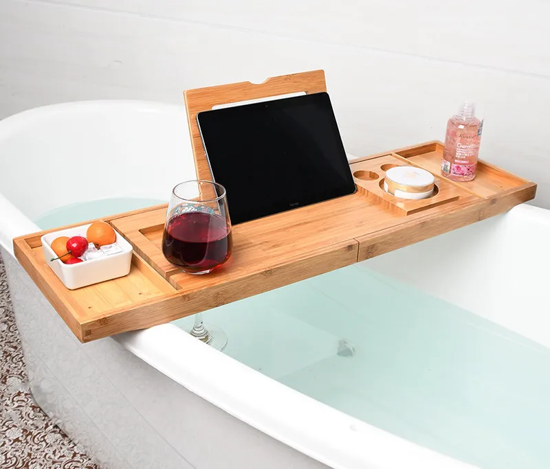 Adjustable natural bamboo bath tub tray wholesale bathroom reading mobile phone holder