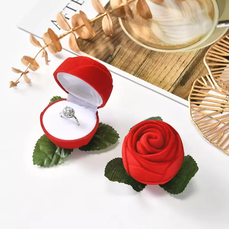 Romantic Red Rose Flower Wedding Couple Rings Jewelry Packing Boxes