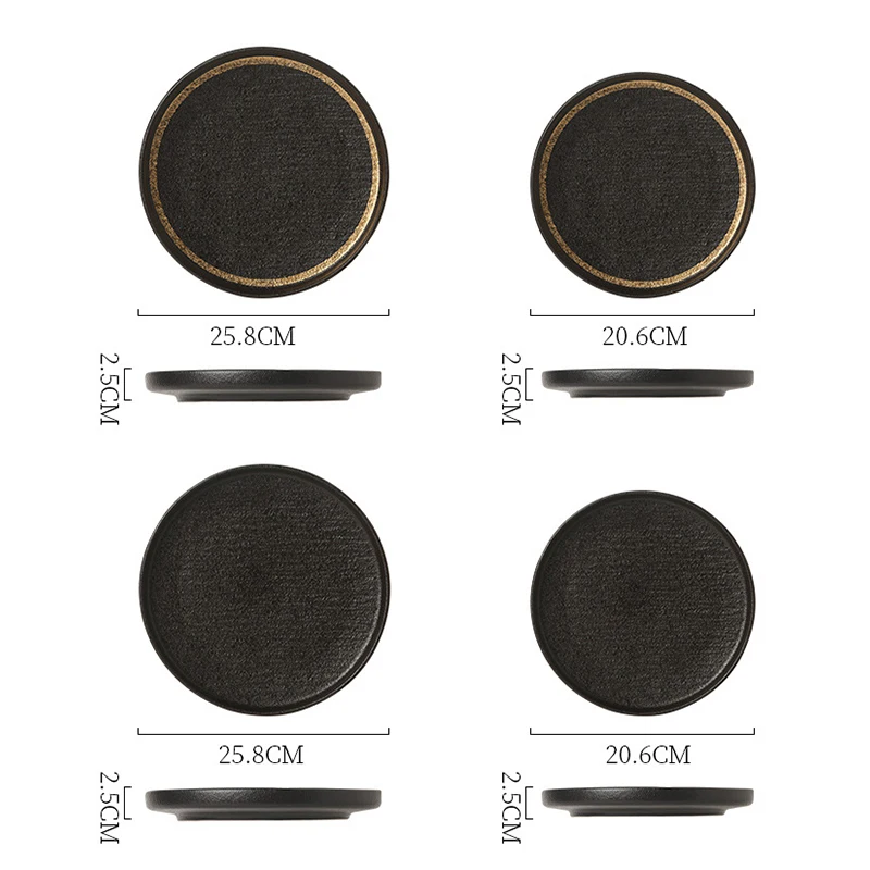 Matte Black With Gold Rim Round Dinner Plate For Steak Pasta Sushi for Restaurant Hotel Porcelain 8 Inch 10Inch Buffet Plates