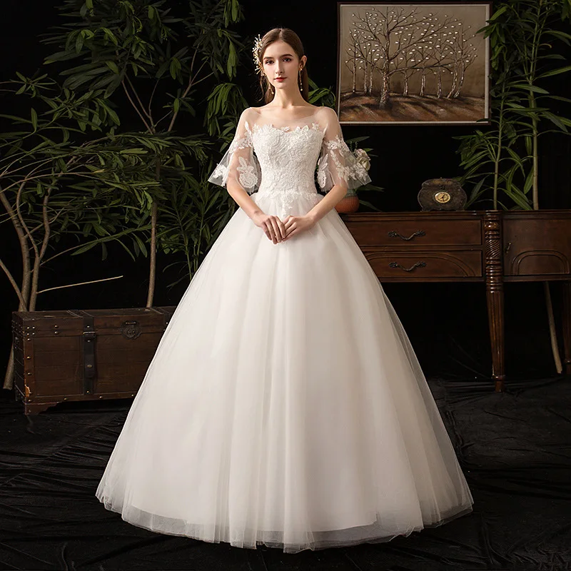 Elegant A-line bell sleeve Floor-length Bridal Gown white Organza Wedding Dress