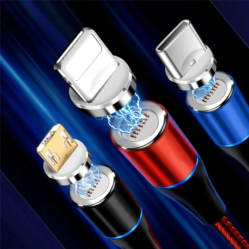 
3A Magnet Data Cable Nylon Braided Led Mobile Phone Charger Micro Usb Type C Magnetic 3 In 1 Charging Cable 