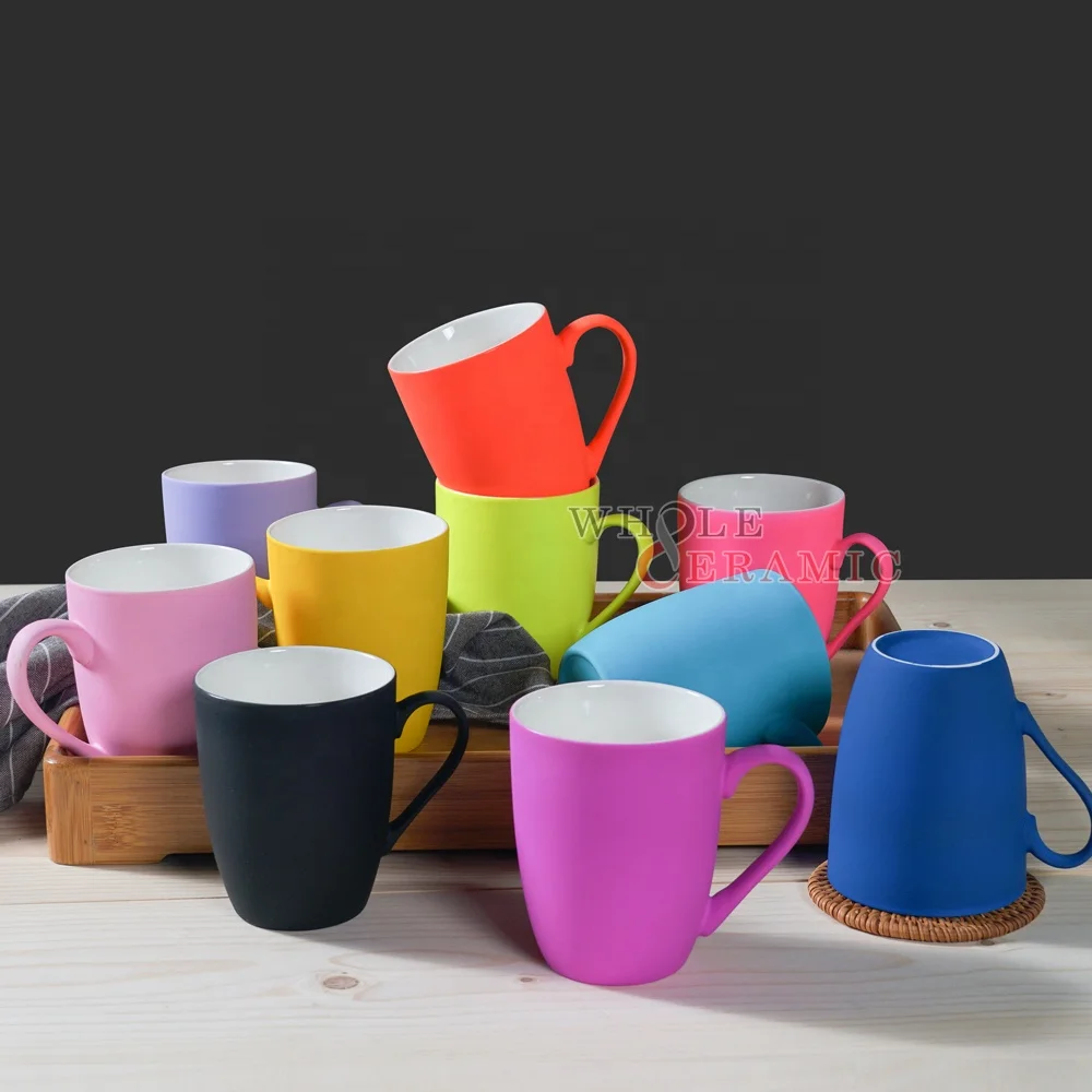Wholesale customized colorful soft touch rubber coated ceramic stoneware mug in various shape and colors factory supplier