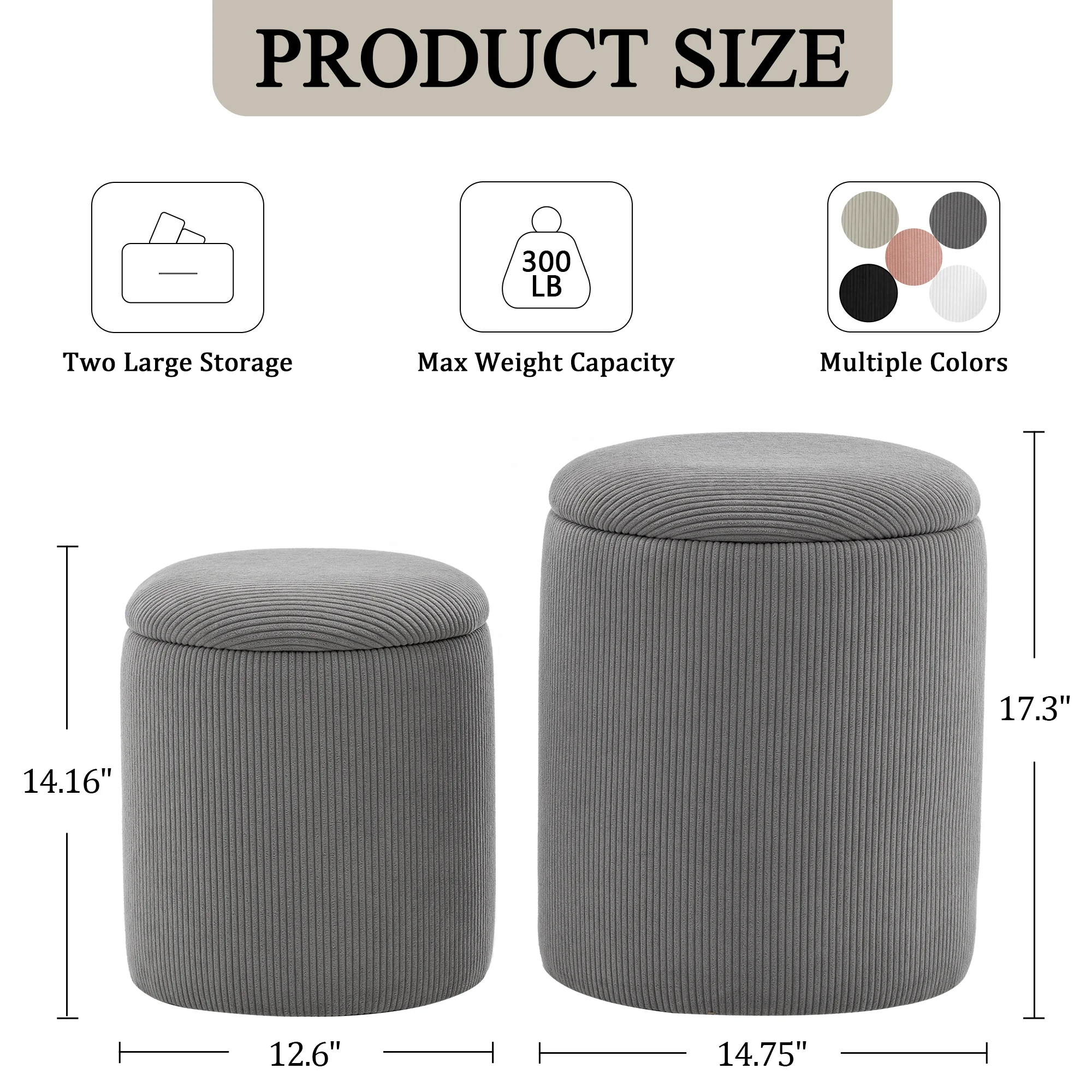 New Arrival Fashion Custom Round Nesting doll bucket chair Storage Ottoman Footstool Chair Velvet Corduroy Ottoman Set of 2 pouf