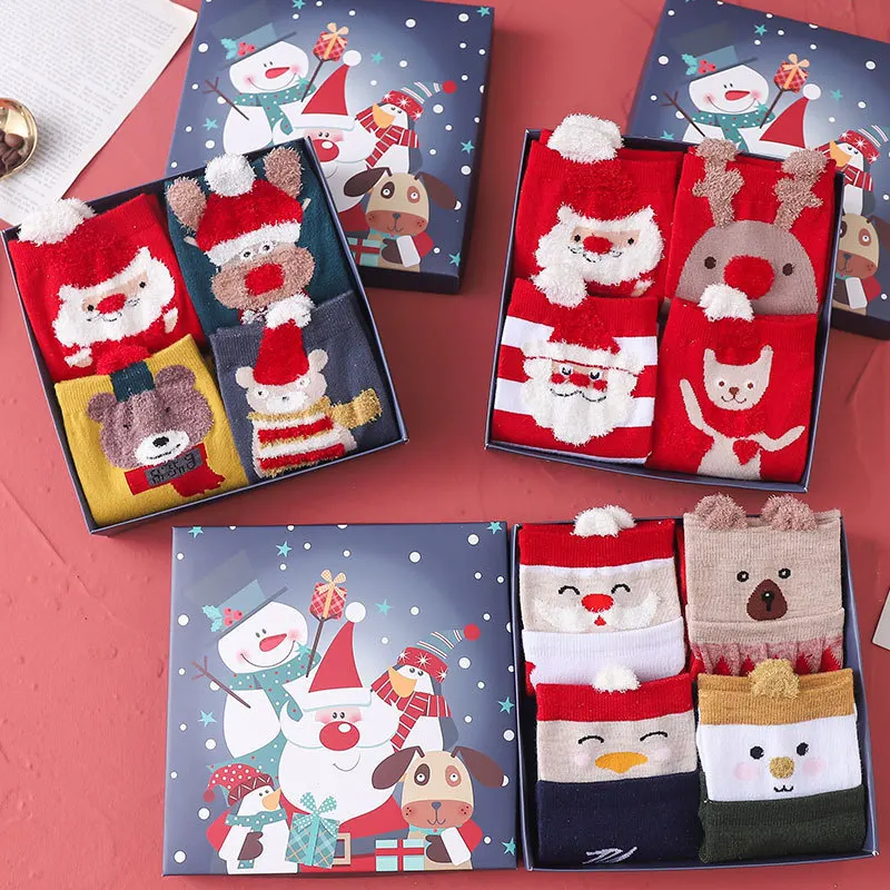 4 Pairs in 1 Box Winter New Cute Cartoon Design Santa Claus Women Christmas Socks Gift Socks