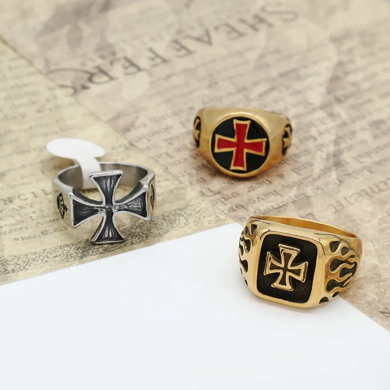 New Fashion Custom Wholesale Personality Cross Finger Ring Jewelry Enamel Gold Plated Stainless Steel Cross Ring For Men Women