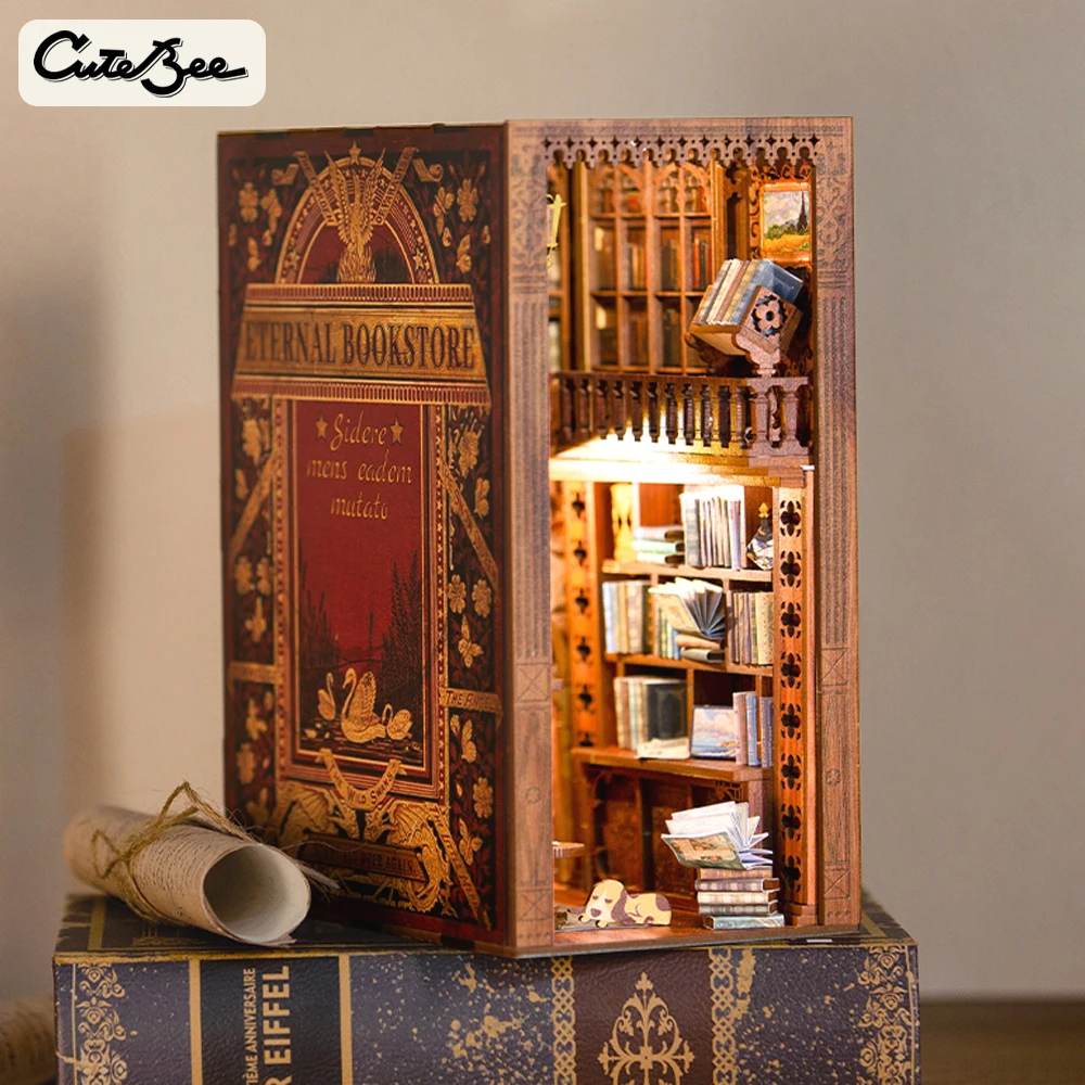 CuteBee Hot Selling Bookshelf Exquisite and Chic Decoration Diy Wooden Assembled Bookends with LED Night Light Book Nook Kit