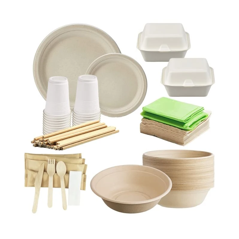 Disposable Eco compostable  biodegradable bagasse 250 guest birthday paper plates party wedding tableware and dinnerware set