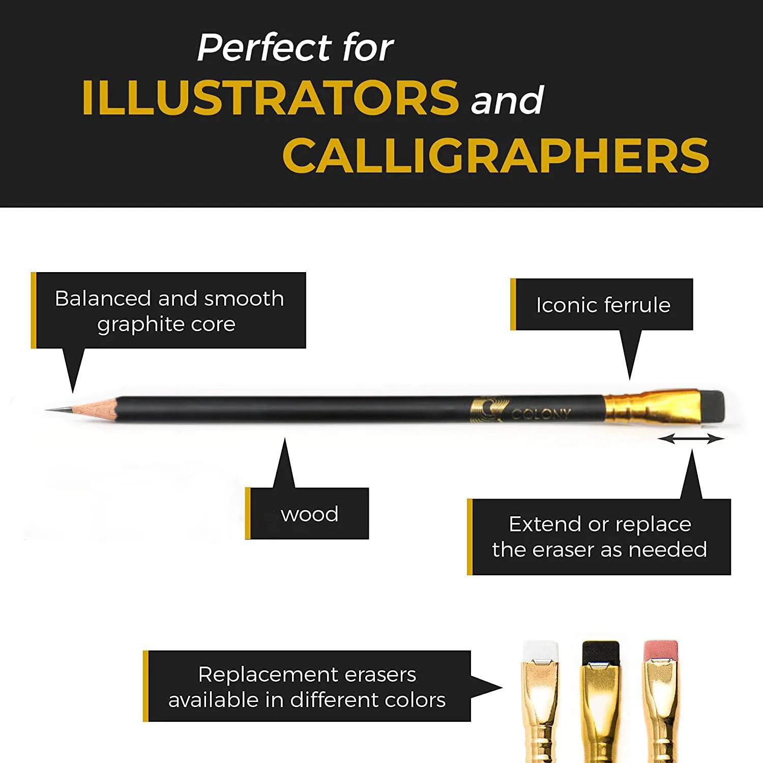 Black Color Printing Golden Logo High Quality Hotel #2 HB  Custom Printed Pencil With Flat Rubber Eraser For School And Office