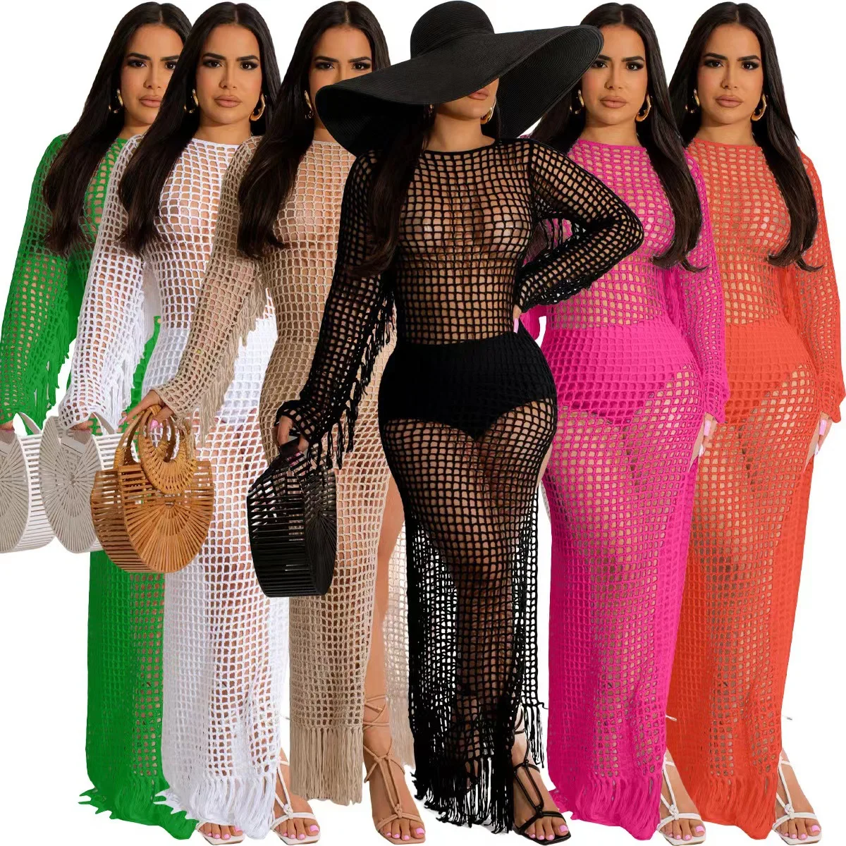 New Arrivals Knitted Crochet Sexy Hollow Tassel Beach Dress Holiday Long Skirt Bikini Cover Up Sunscreen Dress