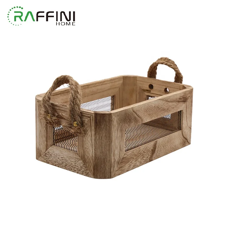 
Fruit Basket Halloween Toys Box Vintage Storage Organization Home Factory Customised Wire Splicing Wooden Basket With Handle 