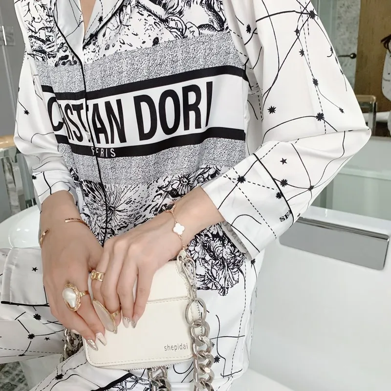 Match Wedding Female Fashionable Elegant Long-sleeved Trousers Home Wear Silk Pajamas For Family White