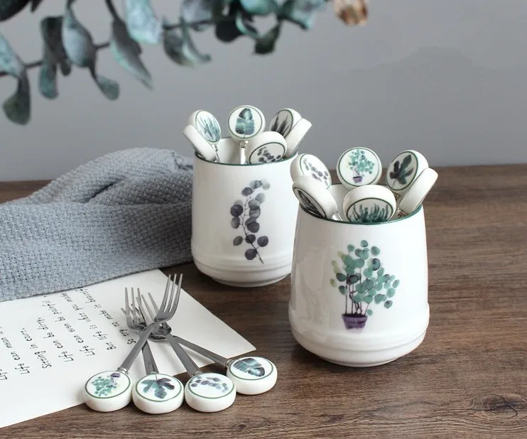 Mini Food Fruit Picks Forks Metal Creative Green Leaf Appetizer Cake Forks including Ceramics Cup 6 Fruit Forks Cutlery Sets