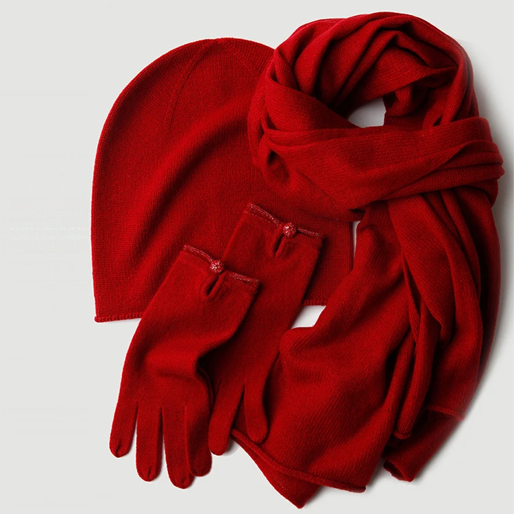 Multi Colors High Quality Women Winter 100% Cashmere Gloves Beanie Hat And Scarf Set