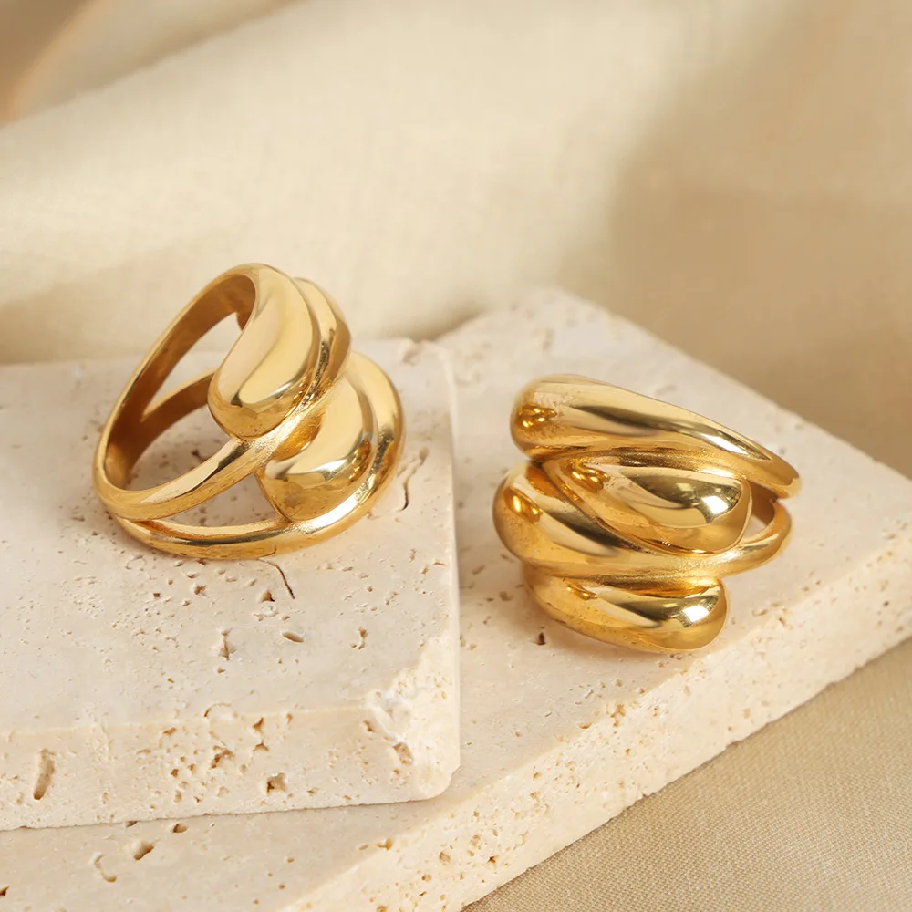 Chic Jewelry Non Tarnish 18k Gold Plated Water Drop Finger Ring Women Wedding Statement Waterproof Stainless Steel Large Ring