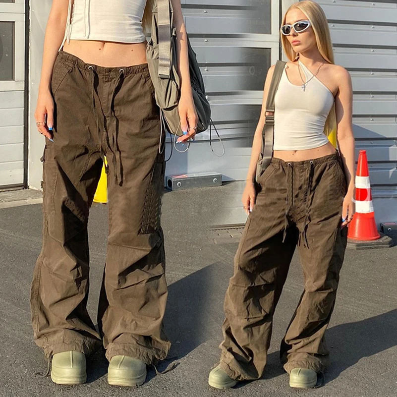 Oem drawstring elastic waist mens custom solid color oversized men baggy cargo parachute pants with large pocket