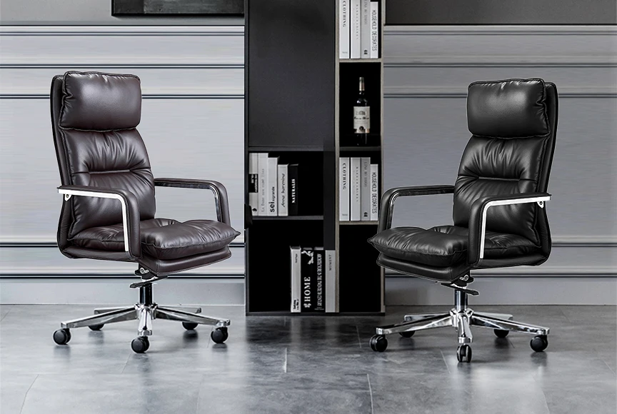 Luxury High Back Ergonomic High quality executive metal frame office desk and chair set PU leather office padded chair