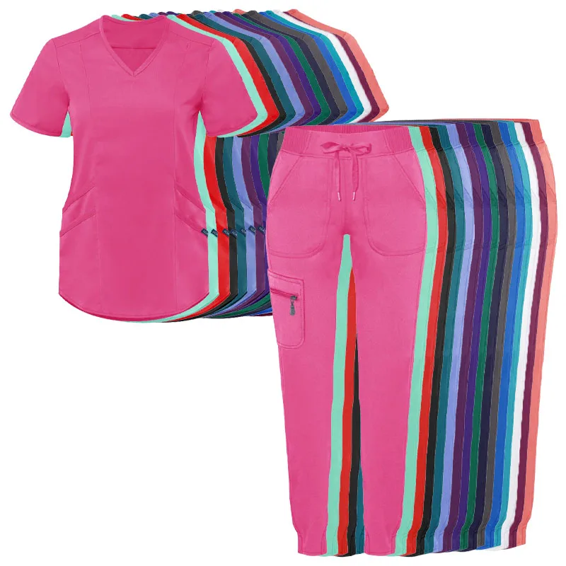 2022 High Quality Pink Womens Medical Scrubs Logo V Neck Scrub Top Jogger Pants Hospital Uniform (1600530277932)