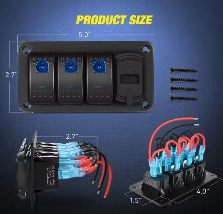 3 Gang Rocker Switch Panel 12V Marine Boat Switch Panel Waterproof 12 Volt Blue LED Light Toggle Switch Panel