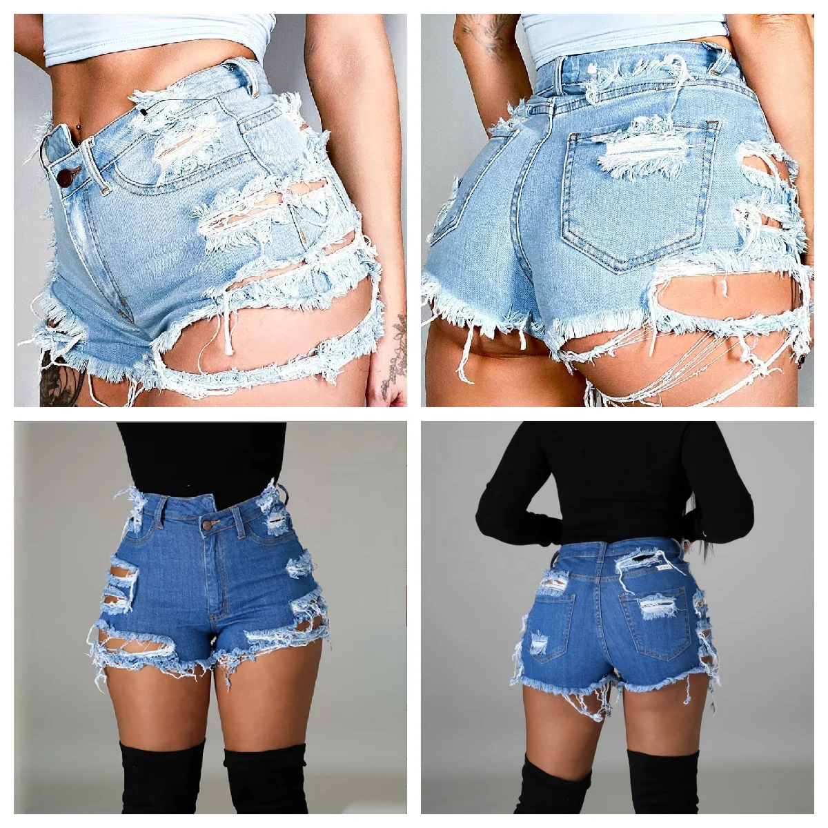 2023 New Arrivals Brocken Hole Women Denim Summer Shorts Bale Zipper Fly Pockets Frayed Raw Ripped Denim Short Jeans for Women