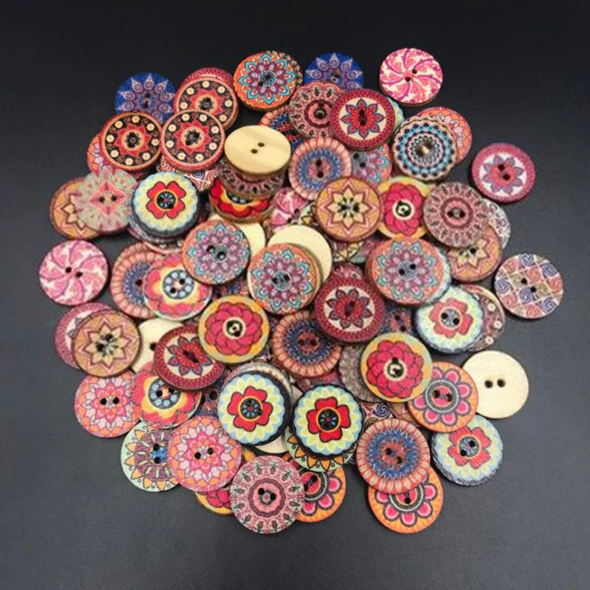 100pcs 2 Holes Mixed Boho Flower Classic Vintage Painted Wooden Round Button Sewing Scrapbooking DIY Clothes Craft