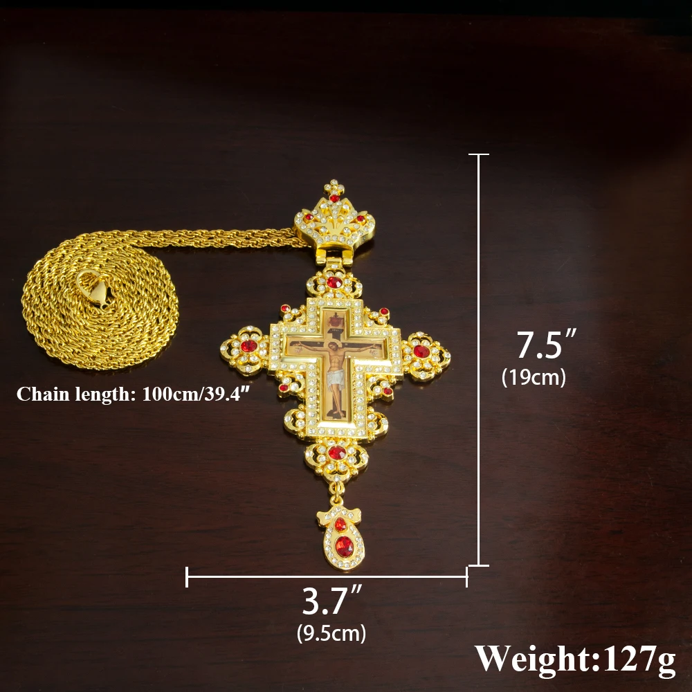HT Luxury Greek Gold Plated Alloy Orthodox Russian Pectoral Cross with Jesus Icon Necklace for Priest Religion Gift