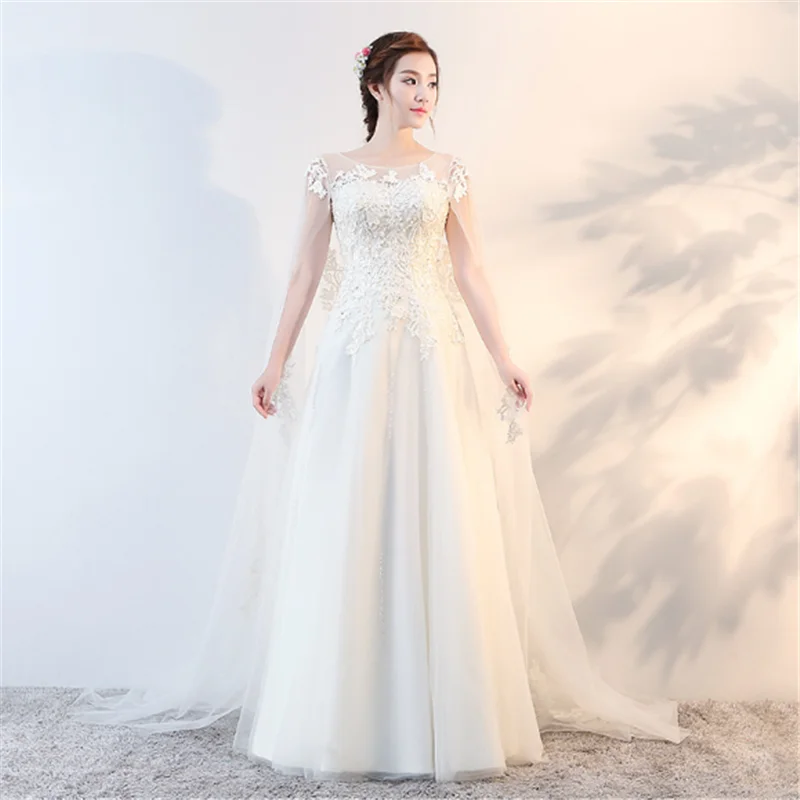 2020 vestidos de novia illusion neck elegant short sleeves cloak style puffy bridal dress wedding gown