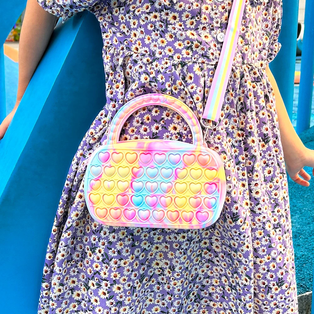 New Fashion Rainbow Pop Purse Bag for Girls, Relief Stress Sensory Fidget Toys Crossbody Handbags Adjustable Shoulder Bags