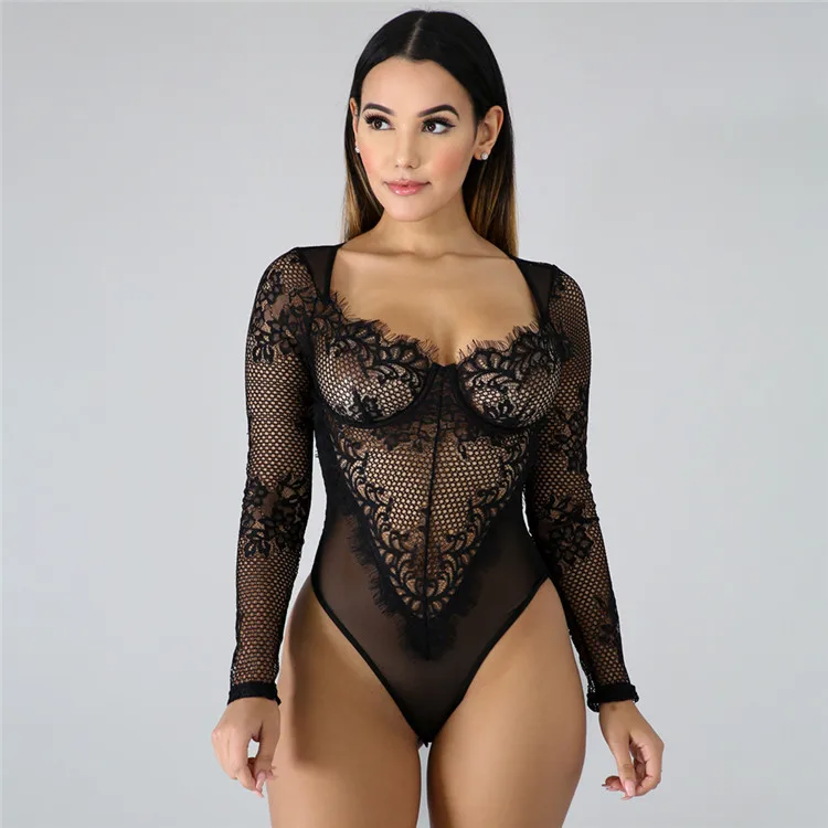 Vintage Embroidered Lace Polka Dot Long Sleeve One Piece Lace Bodysuit Mesh sexy lingeries women underwear