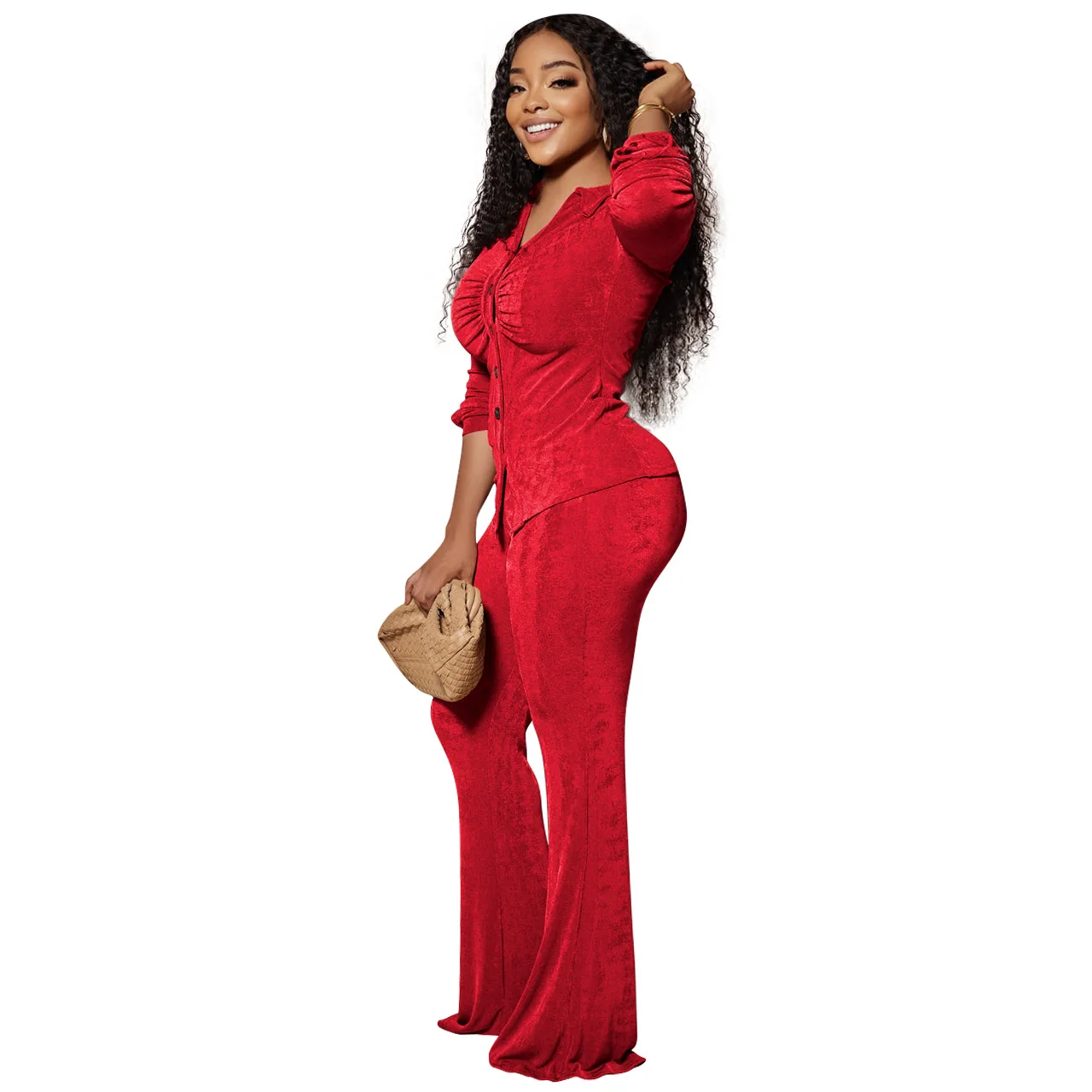 2023 Fashionable Velvet Autumn 2 Piece Button Up Pleated Shirt Long Flare Pants Women Velour Two Piece Set