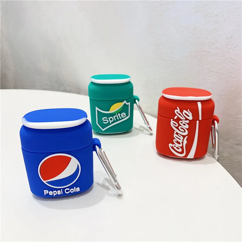 Hot Sale 3D Cola Sprite Bottle Design Earphone Case with Clip for Airpods Pro Cartoon Soft Drinks Style Cover for Airpods 1/2