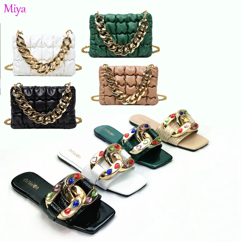 SD-2022 Luxury Glitter diamond beaded Metal buckle open toe leather slipper with shoulder bag set lady purse sandals outfits