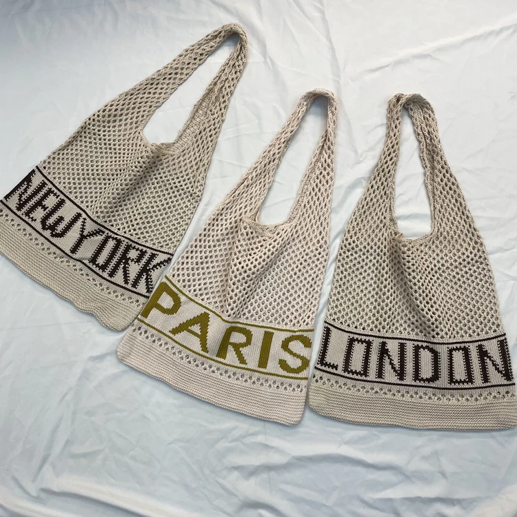 Factory Customizable Letters Large Capacity Shopping Shoulder Bag Mesh Hollow Woven Knitted Bag