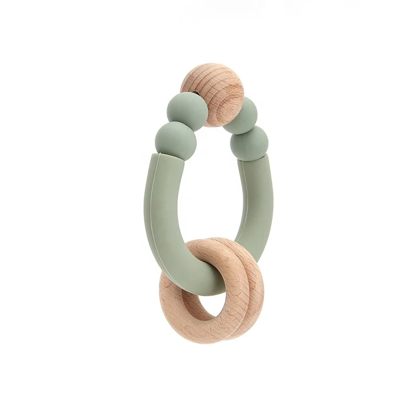 New Design Sensory Baby Teething Toys Rattle Soft Bpa Free Wood Baby Teether Ring Silicone Teether